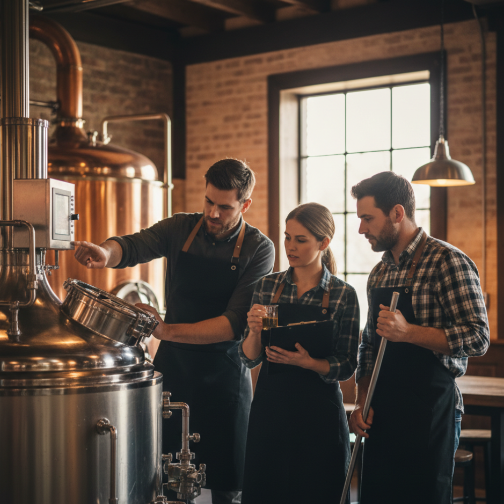 Trois personnes dans une brasserie.