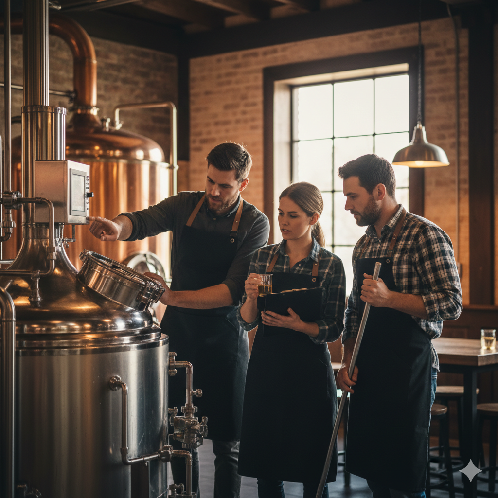 Participants en formation brasseur réalisant un brassin sur équipement professionnel